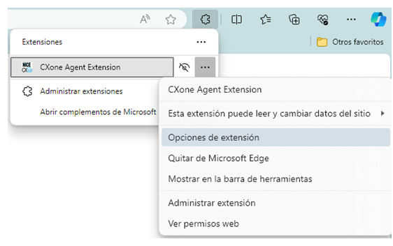 Se hace clic en Opciones, el icono de tres puntos, junto a Extensión de navegador Agent. Otra ventana emergente indica la opción Mostrar en la barra de herramientas.