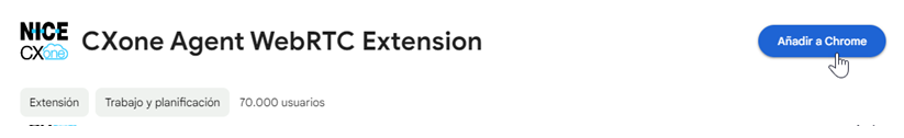 Agent WebRTC Extension en la Chrome Web Store. El cursor se desplaza sobre Agregar a Chrome.
