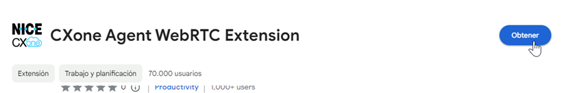 Agent WebRTC Extension en la Chrome Web Store. El cursor se desplaza sobre Obtener.