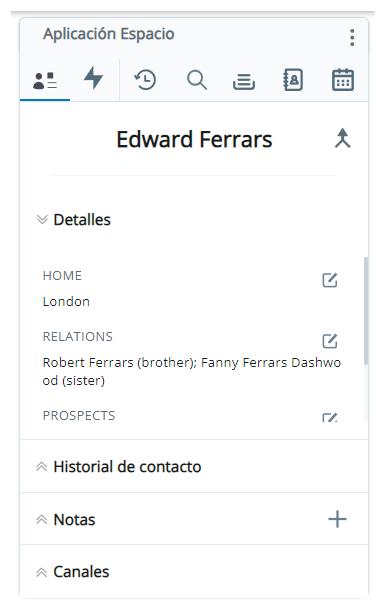Customer Card, con el nombre del contacto en la parte superior, después las pestañas desplegables denominadas Detalles, Historial de contactos, Notas y Canales.