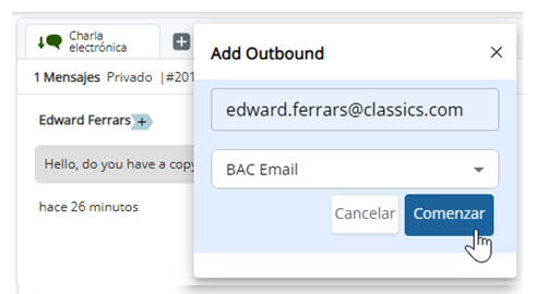 Se ha hecho clic en Agregar saliente. En la ventana emergente que aparece, el agente ha ingresado un correo electrónico y seleccionado una habilidad.
