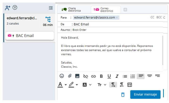 Aparece una nueva pestaña para el correo electrónico saliente en el espacio de interacción.