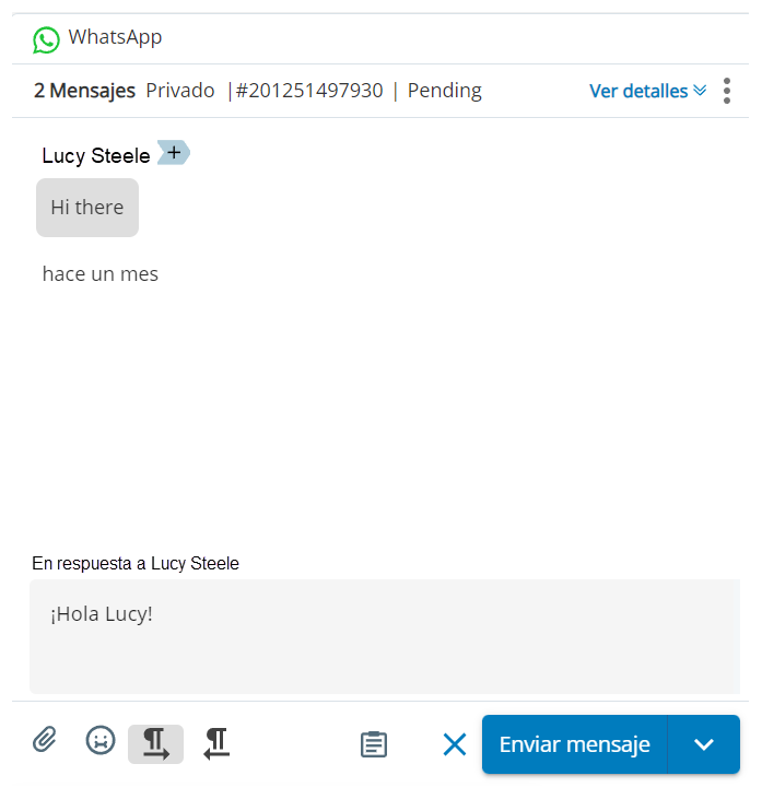 Un borrador de mensaje WhatsApp, con los mensajes del contacto, un cuadro de texto y un botón Enviar mensaje.