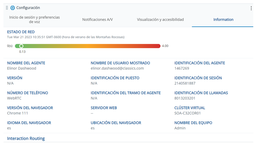 La pestaña Información en Configuración, que muestra una barra de estado de red y la información de su cuenta y su sistema.