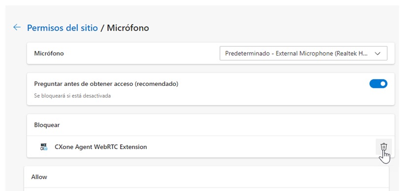 Agent WebRTC Extension figura en Bloquear. El cursor se desplaza sobre el icono Eliminar de un cubo de basura.