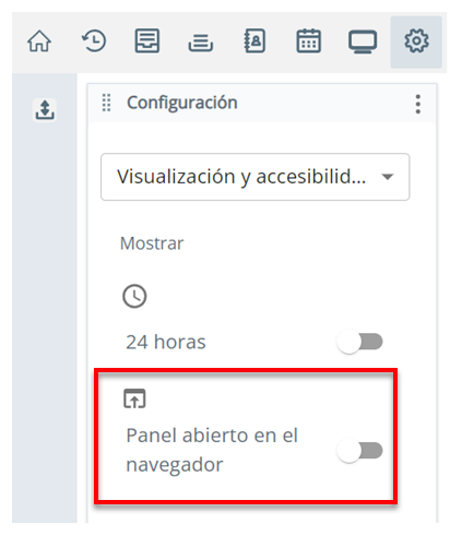 La página Pantalla y teclado en Configuración. El parámetro Panel abierto en el navegador es la segunda desde arriba.