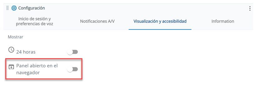 La pestaña Pantalla y Teclado en Configuración. El parámetro Panel abierto en el navegador es la segunda desde arriba.