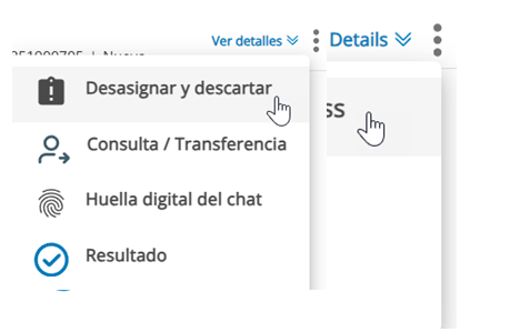 Se hace clic en el icono Más, tres puntos verticales. Aparece un menú desplegable con opciones. El cursor se sitúa sobre la opción Desasignar y descartar.
