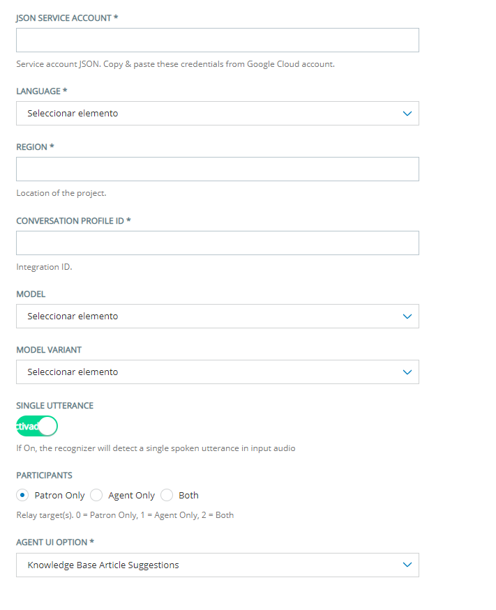 Página de configuración para agregar un bot de asistencia de agente Google Contact Center AI a Agent Assist Hub.