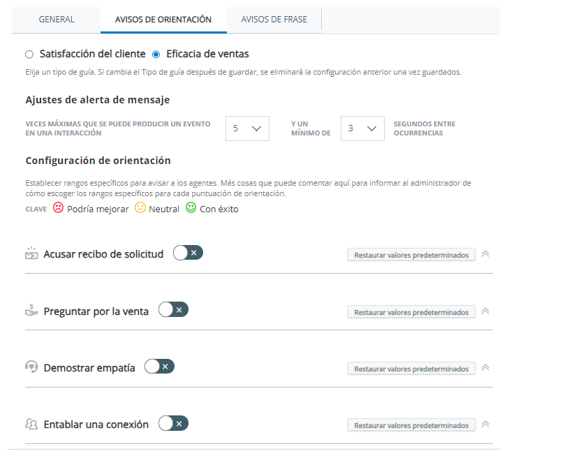 La pestaña Alertas de orientación, donde se observan las opciones para los comportamientos de eficacia en las ventas.