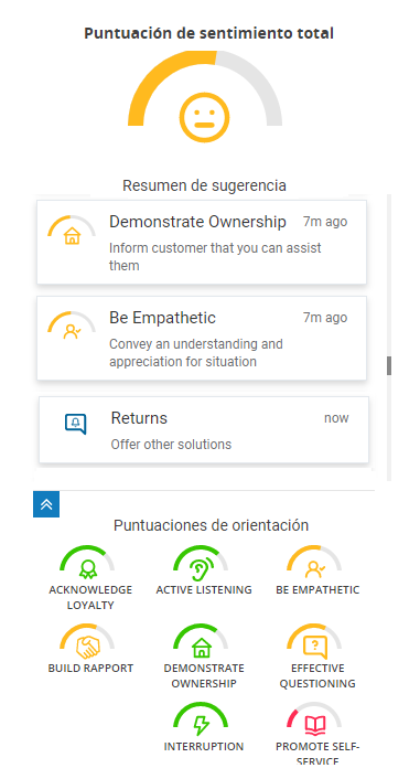 La Real-Time Interaction Guidance ventana tal como aparece a los agentes. La puntuación de sentimiento general está en la parte superior, el resumen de sugerencias en el medio y las puntuaciones de orientación.