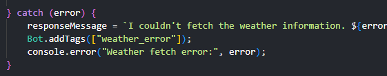 Un fragmento de código actualizado que muestra el texto de disculpa eliminado del mensaje de error.