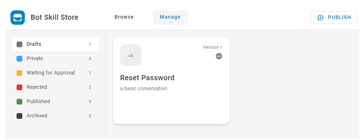 La sección Gestionar de Skill Store, que muestra todas sus habilidades divididas por su estado actual.