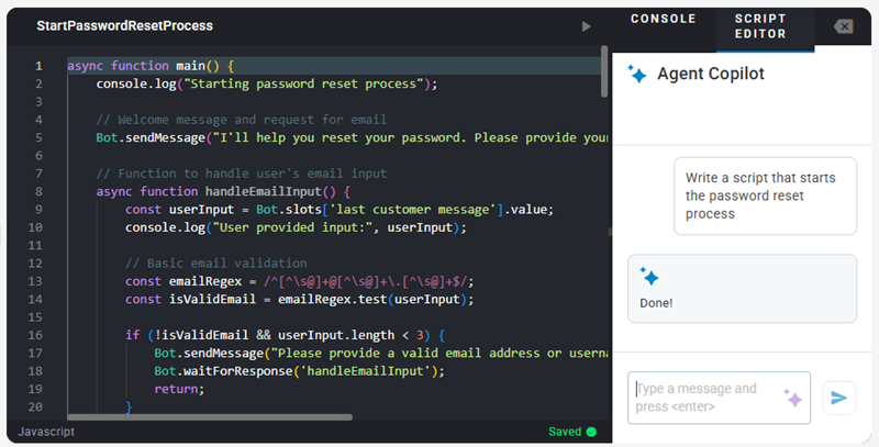 El Editor de scripts con el panel Agent Copilot mostrado mostrando una solicitud para generar un script de restablecimiento de contraseña. El script generado se encuentra a la izquierda.