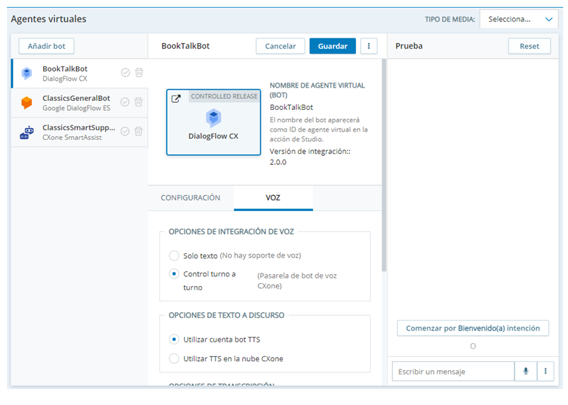 La página de propiedades de un bot en Virtual Agent Hub mostrando el panel de prueba en el lado derecho de la página.