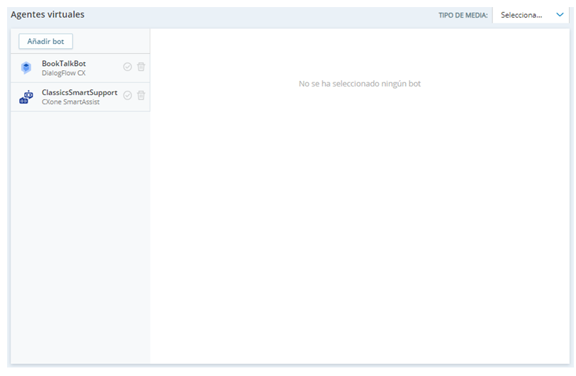 La pagina principal de Virtual Agent Hub. Las aplicaciones existentes de configuración de agentes virtuales están a la izquierda. El botón Agregar bot está en la esquina superior izquierda.