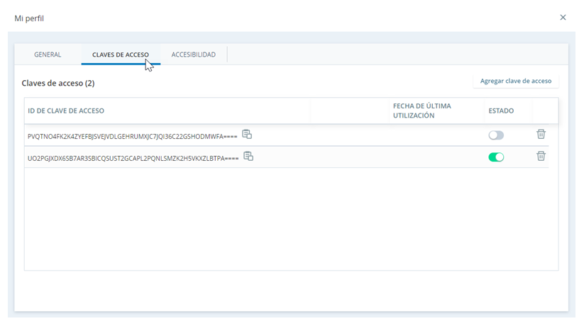 Imagen de la pestaña Claves de acceso enMy Profile