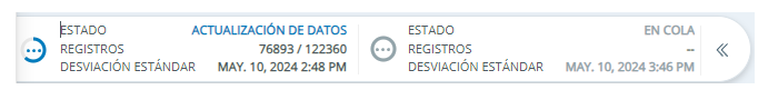 Panel de estado de reprocesamiento. Muestra los registros que se están actualizando, el estado y la hora de inicio del reproceso.