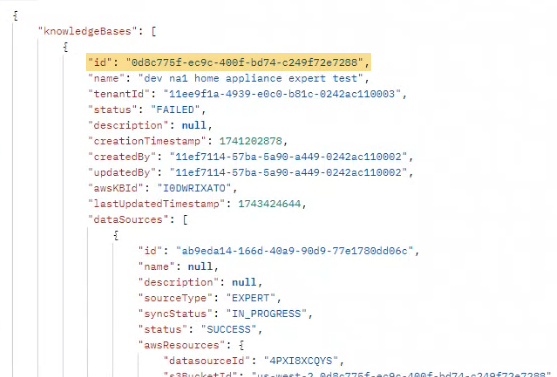El atributo id en la parte superior de la matriz knowledgeBases está resaltado. Su valor es una cadena alfanumérica larga.