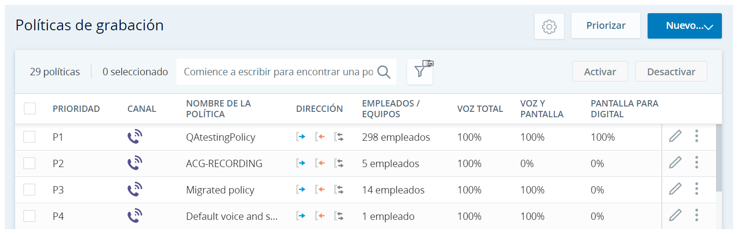 Captura de pantalla de ejemplos de políticas de grabación