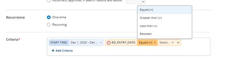 Captura de pantalla que muestra los criterios de fecha de la política con opciones de repetición y una lista desplegable de comparación de fechas abierta.
