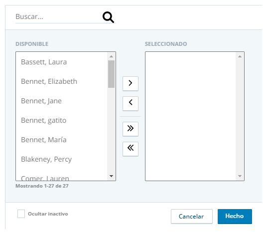 La página de filtro para agentes, donde puede seleccionar los agentes en los que desea filtrar para un informe.
