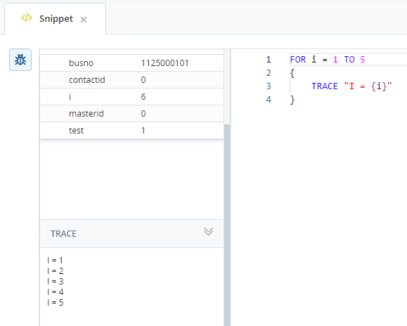 La ventana del editor de Snippet que muestra la salida de TRACE del Snippet de código en la sección Trace de la ventana Ejecutar y Depurar.