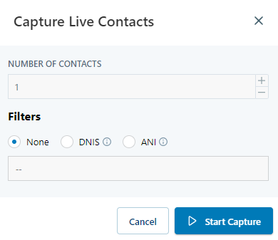 La ventana Capturar contactos en vivo, donde puede configurar las opciones para capturar un seguimiento de una interacción en vivo.
