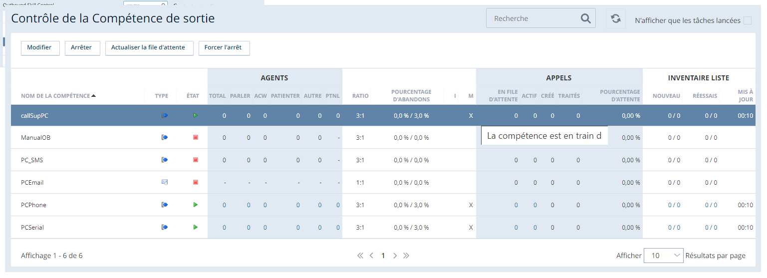 Capture d'écran de la page de contrôle des compétences avec une compétence PC de limitation