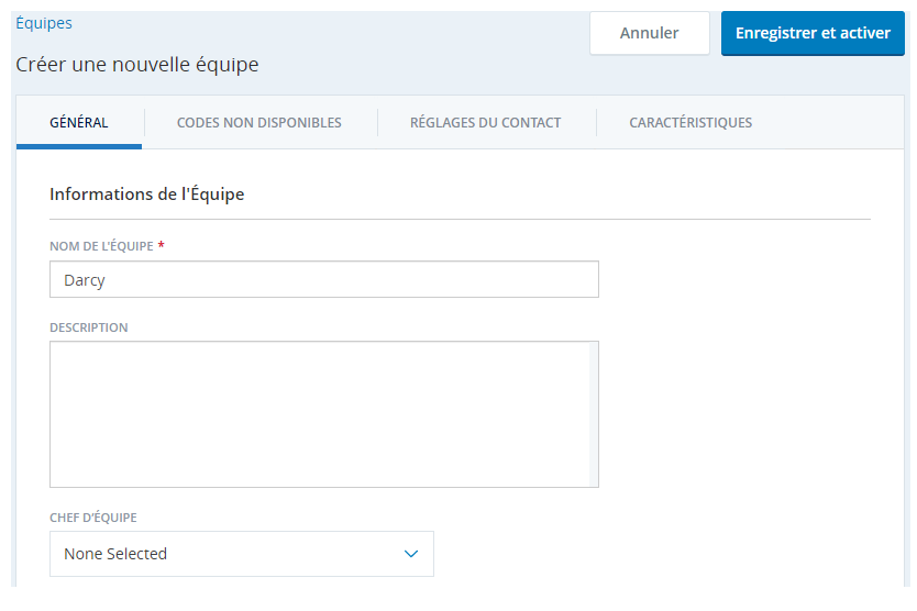 Capture d'écran de la page de création d'une nouvelle équipe sans aucune option sélectionnée