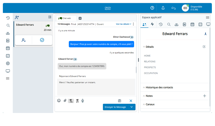 Un menu de gauche avec des icônes pour la navigation, les interactions actives au milieu et l’espace applicatif à droite.