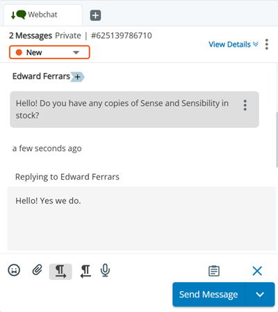 L&#39;espace d&#39;interaction affiche le canal en haut, puis les messages du contact, vos réponses, une zone de texte et le bouton Envoyer un message.