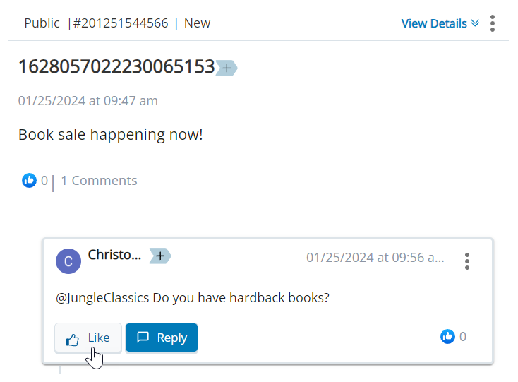 Le message original apparaît avec la réponse juste en dessous. Le curseur survole le bouton « J’aime ».