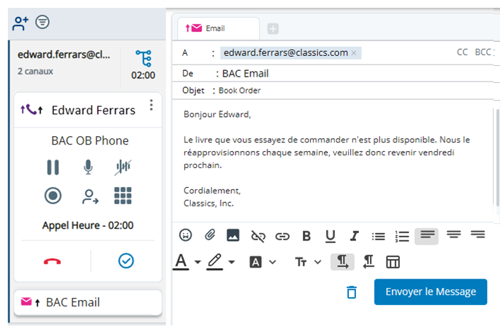 Une nouvelle interaction pour l'e-mail sortant apparaît dans le menu des interactions.