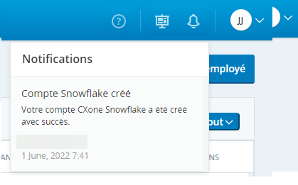 Capture d’écran d’une notification de création de compte Snowflake dans CXone.