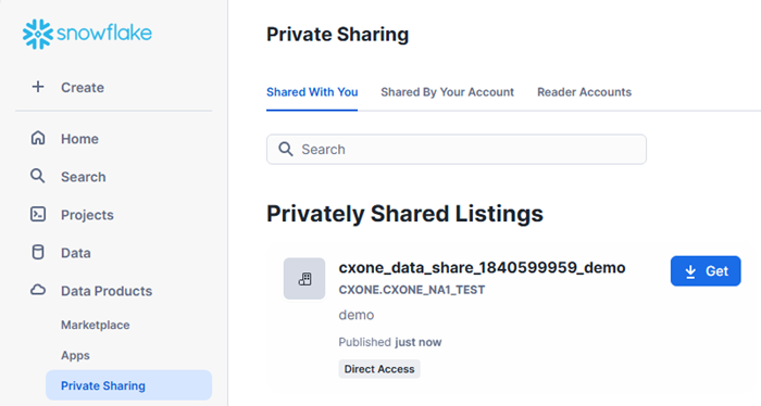 Capture d&#39;écran de Snowflake sélections d&#39;annonces privées partagées avec vous