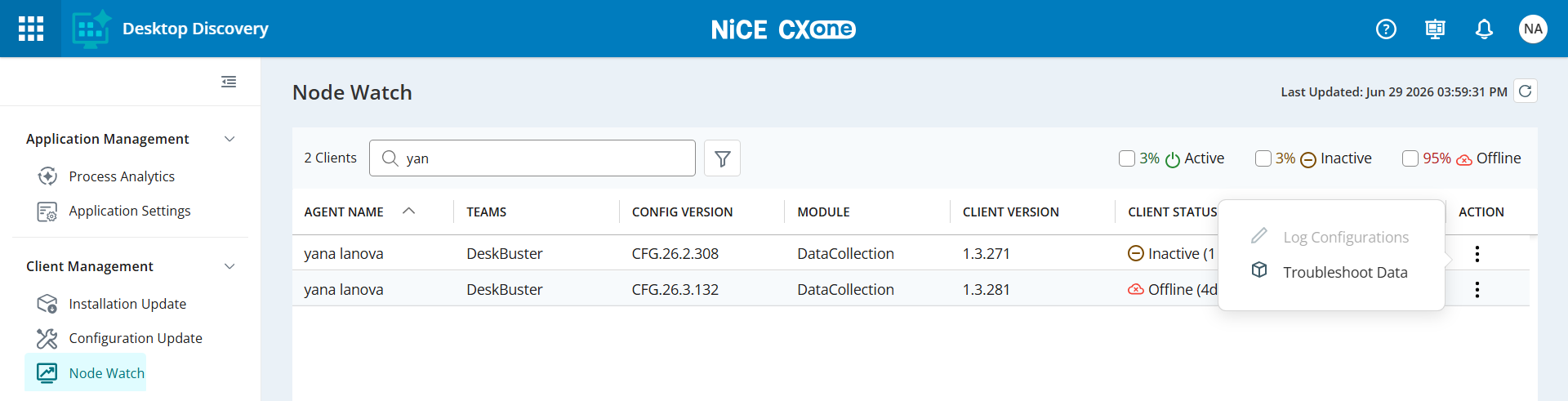 Image de la page Nœud Regarder avec l'option Configuration du journal désactivée.