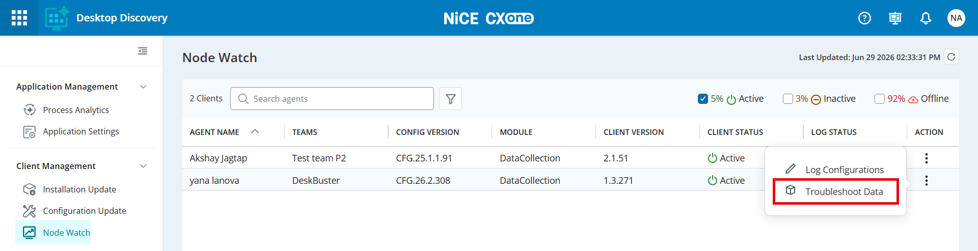 Image de la page Node Watch avec l’option Données de dépannage.