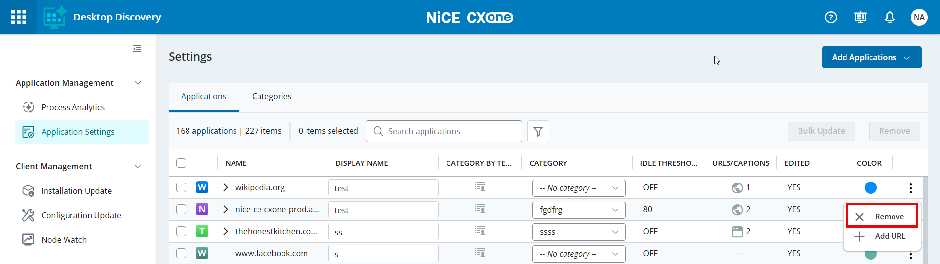 Image de l’onglet Applications mettant en évidence le bouton Supprimer.