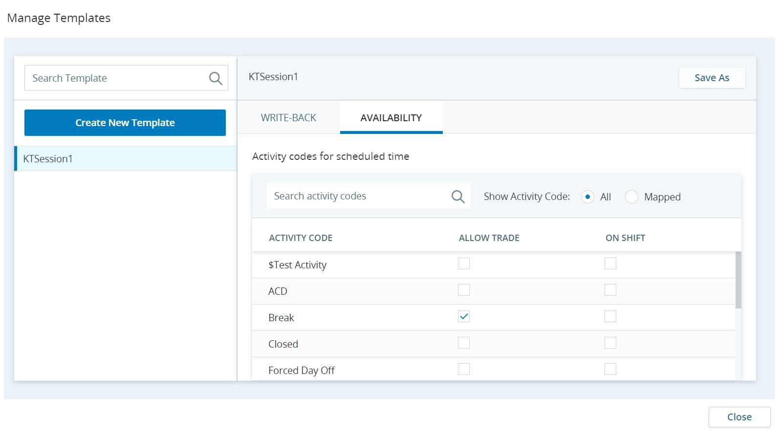 gérer les modèles pour le mappage des codes d’activité