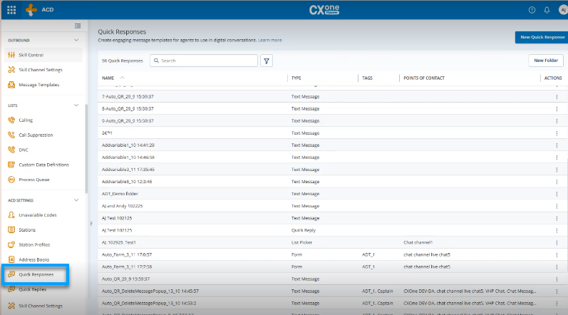 Capture d’écran de la nouvelle page de réponses rapides dans ACD.