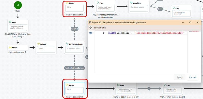 Le script pour la biométrie vocale dans un SVI montrant deux actions SNIPPET qui contiennent l'attribution de la variable d'ID de session de biométrie vocale.