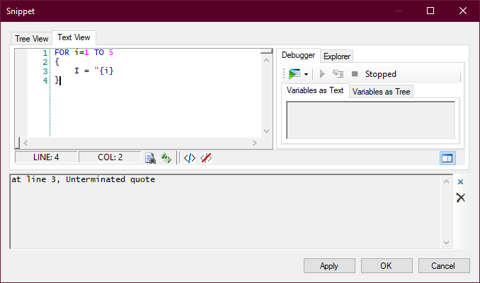 La fenêtre Éditeur de snippets, montrant le volet des erreurs en bas de la fenêtre.