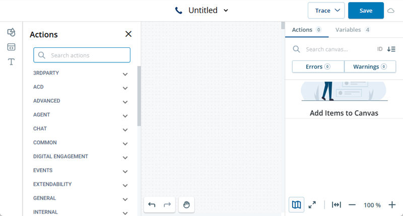 Une toile de script noire avec la palette d'actions ouverte sur la droite.
