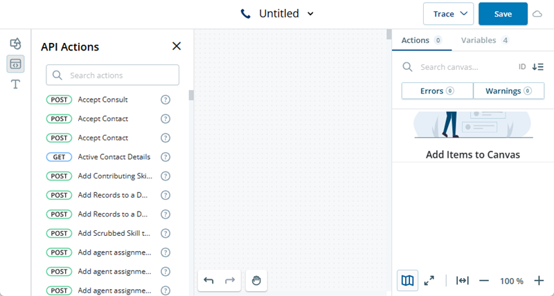 Une zone de script vierge avec la palette d’actions API ouverte sur la gauche.