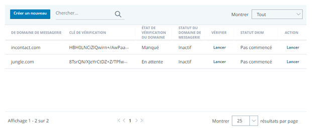 Capture d'écran de la page des domaines de messagerie, montrant les colonnes Vérifier et Clé de vérification