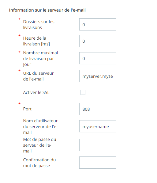 Capture d'écran de la section Paramètres du serveur de messagerie de l'onglet Détails de l'unité d’exploitation