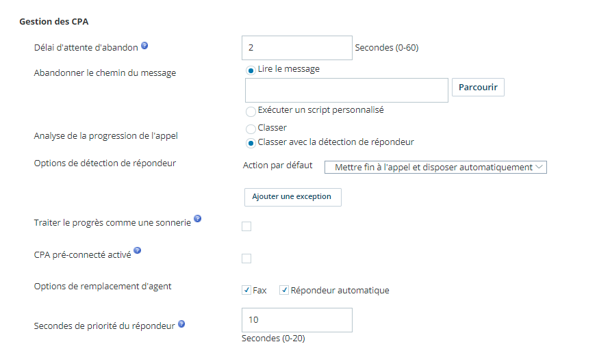 Capture d'écran des paramètres de gestion du CPA pour une compétence, disponibles dans l'application ACD.