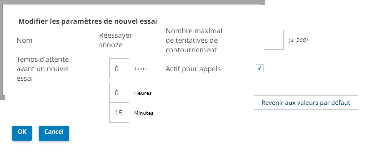Fenêtre Modifier les paramètres de nouvelle tentative pour Réessayer - Répéter