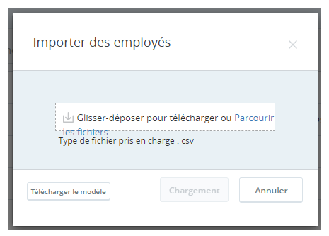 Écran Importer des employés pour télécharger plusieurs enregistrements d'employés avec un fichier CSV.